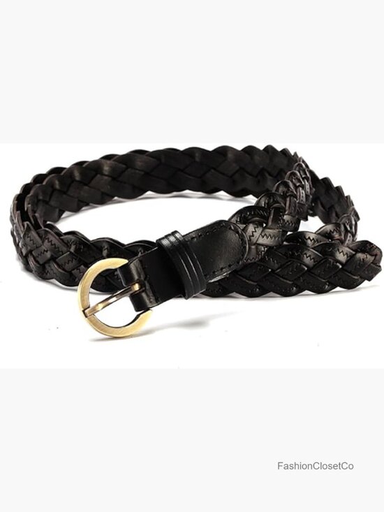 Thin Braided PU Leather Belt with Bronze Buckle for Dress